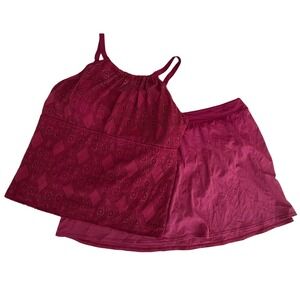 Denim & Co Beach High-Neck Tankini Swimsuit Set Red Lace Crochet 28W A350350